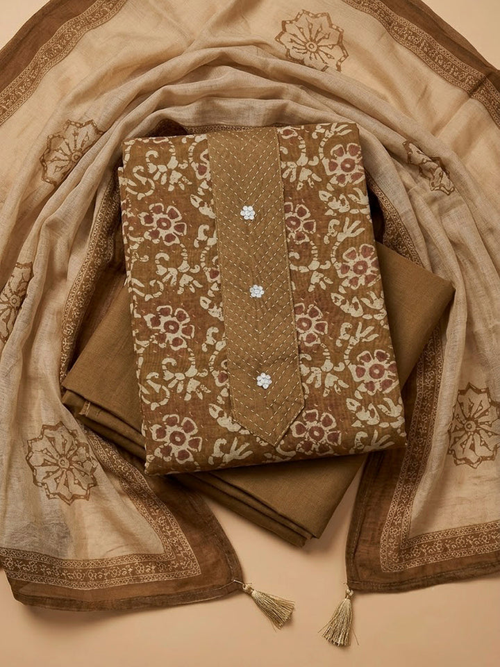 Brown Chanderi Embroidered Unstitched Dress Material