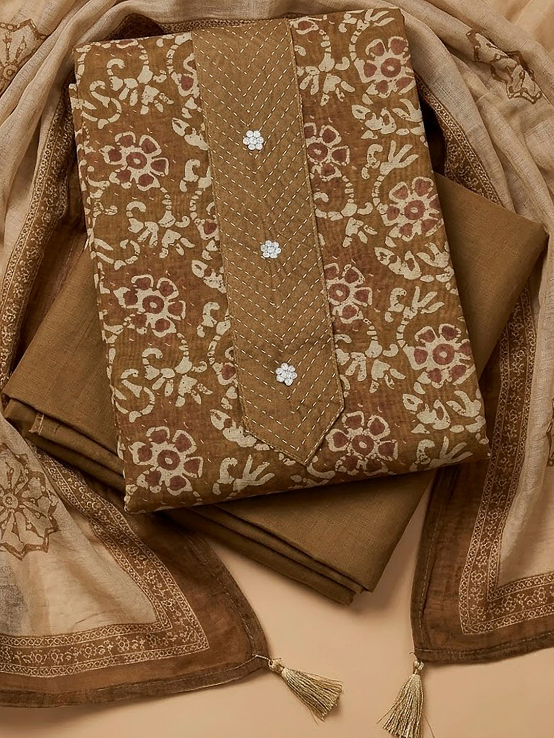 Brown Chanderi Embroidered Unstitched Dress Material
