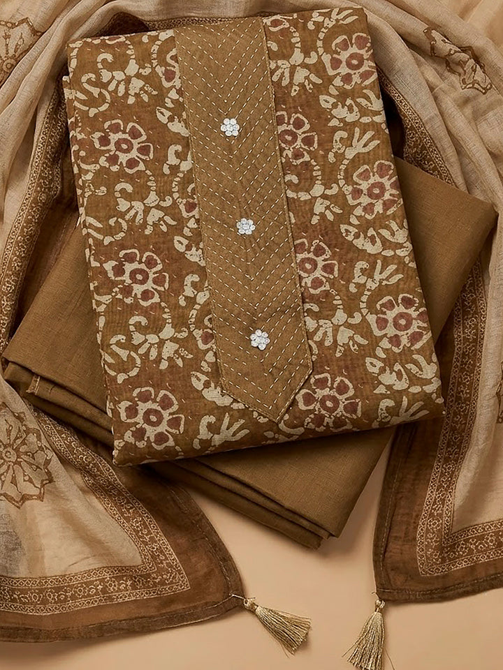 Brown Chanderi Embroidered Unstitched Dress Material