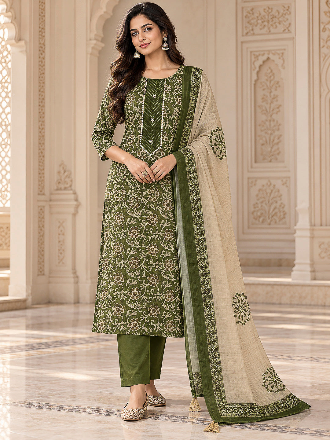 Green Chanderi Embroidered Unstitched Dress Material