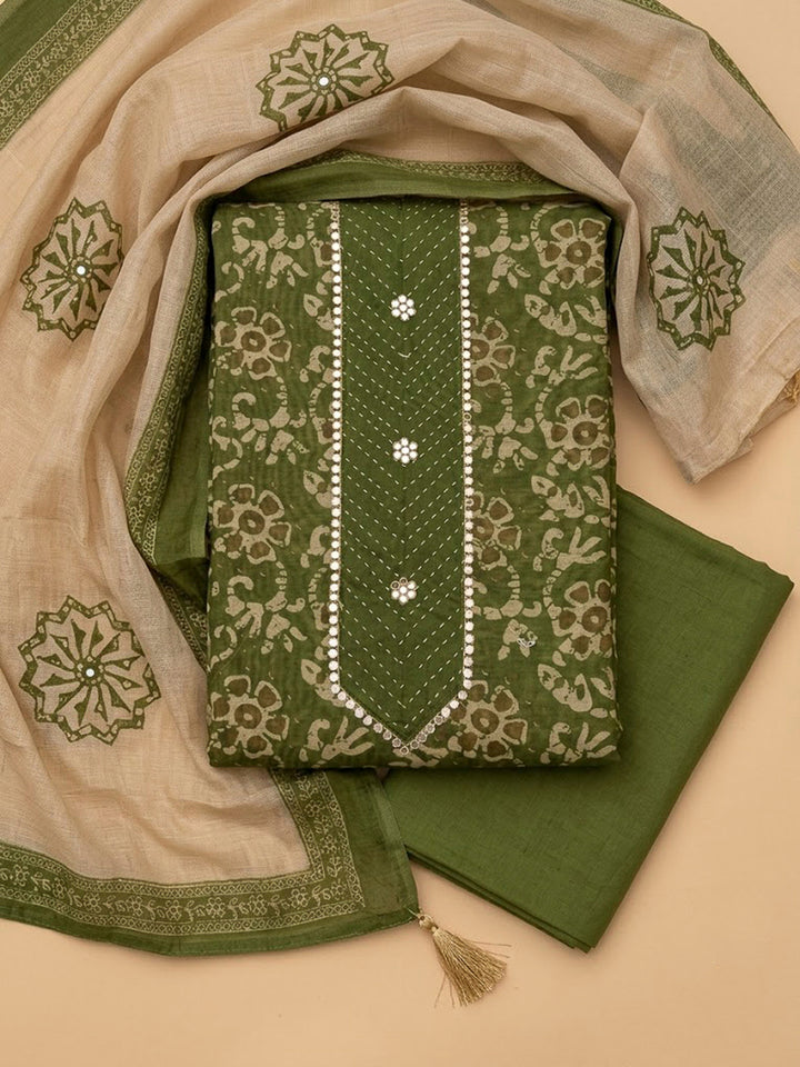 Green Chanderi Embroidered Unstitched Dress Material