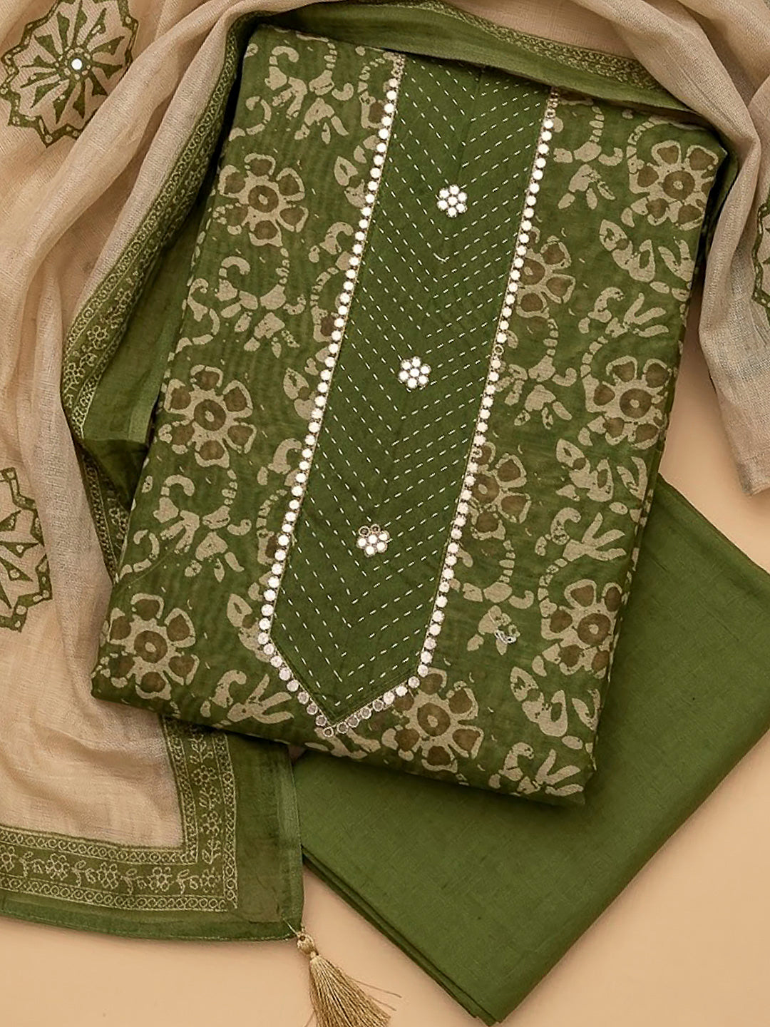 Green Chanderi Embroidered Unstitched Dress Material