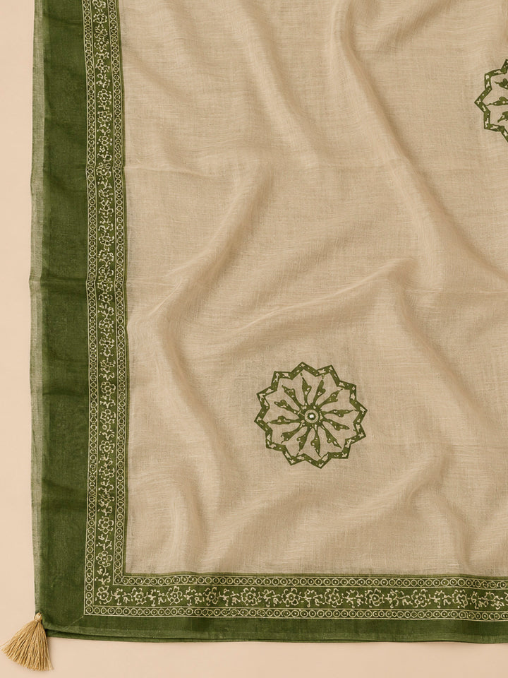 Green Chanderi Embroidered Unstitched Dress Material