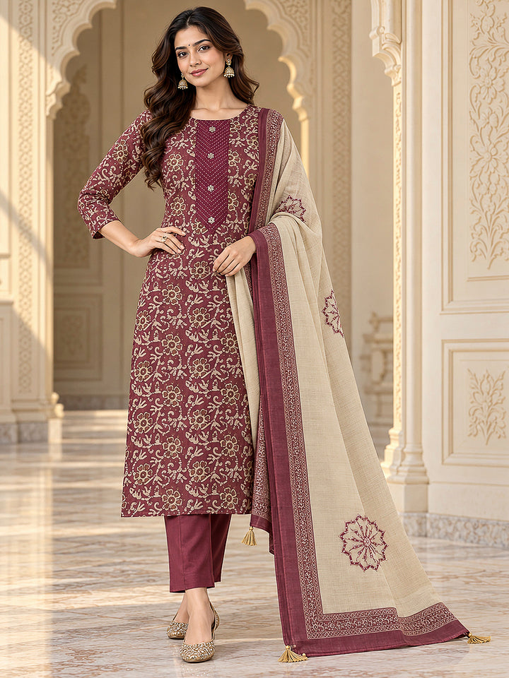 Wine Chanderi Embroidered Unstitched Dress Material
