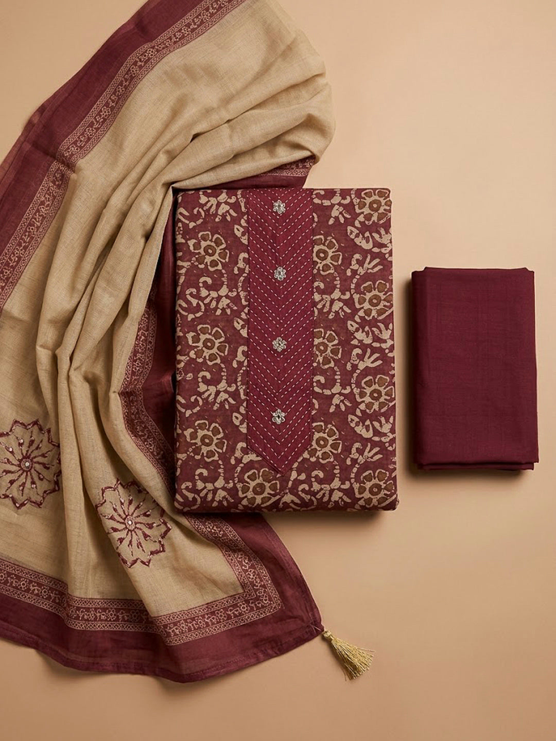 Wine Chanderi Embroidered Unstitched Dress Material