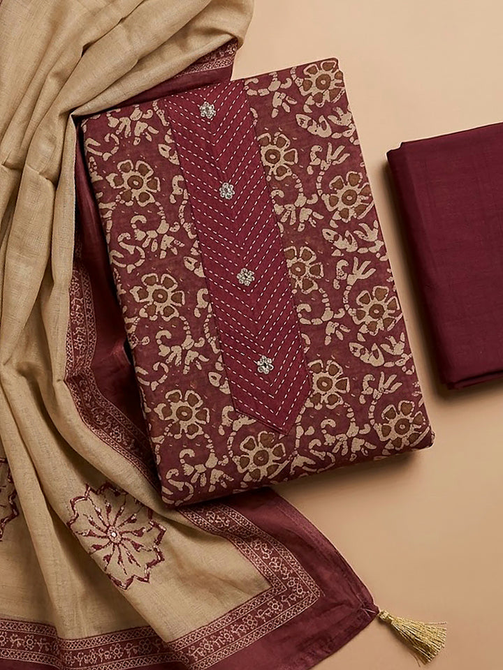 Wine Chanderi Embroidered Unstitched Dress Material