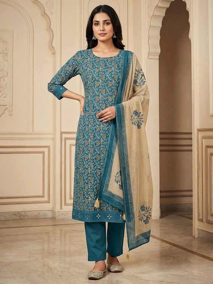 Blue Chanderi Printed Unstitched Dress Material