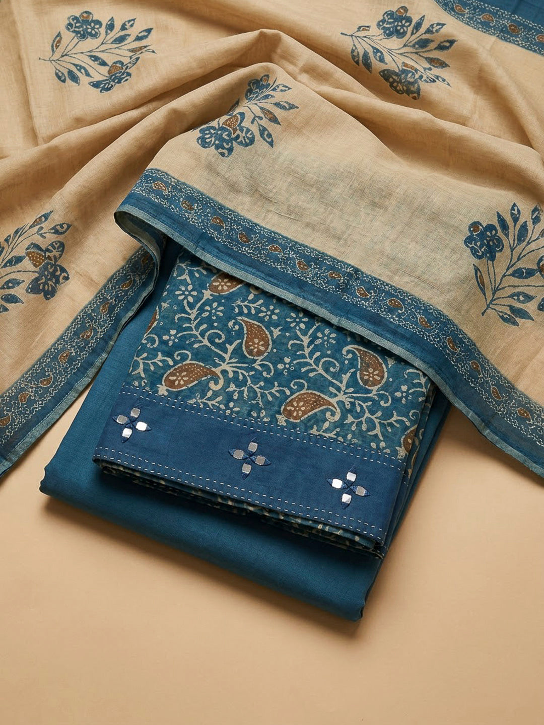 Blue Chanderi Printed Unstitched Dress Material