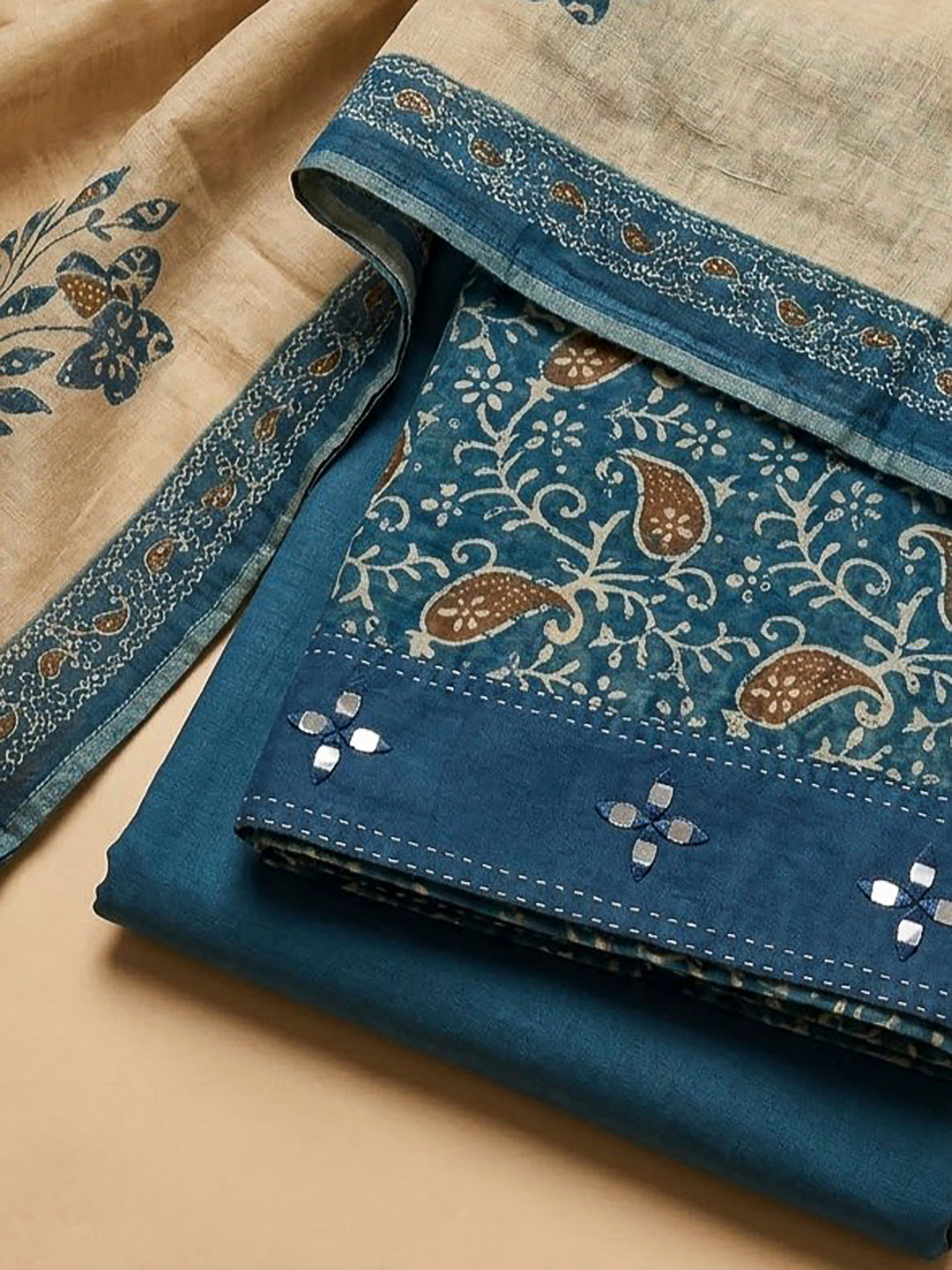 Blue Chanderi Printed Unstitched Dress Material
