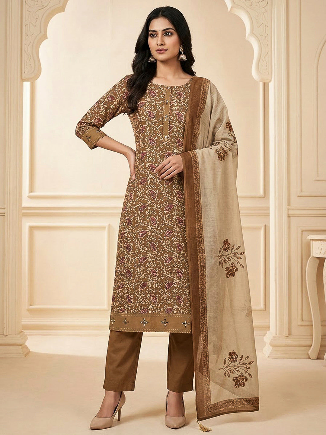 Brown Chanderi Printed Unstitched Dress Material
