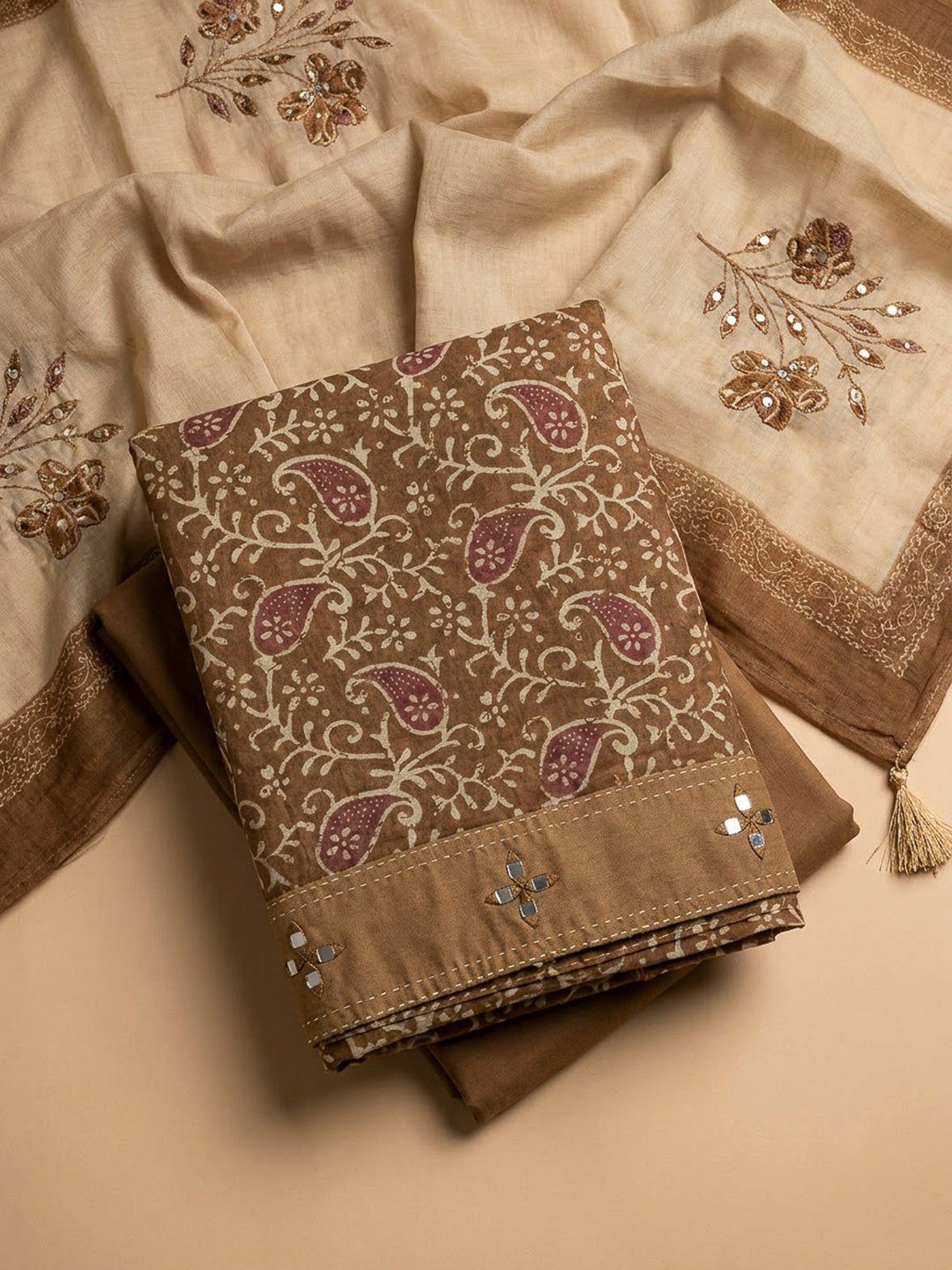 Brown Chanderi Printed Unstitched Dress Material