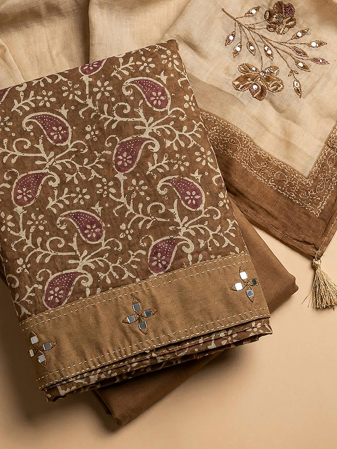 Brown Chanderi Printed Unstitched Dress Material