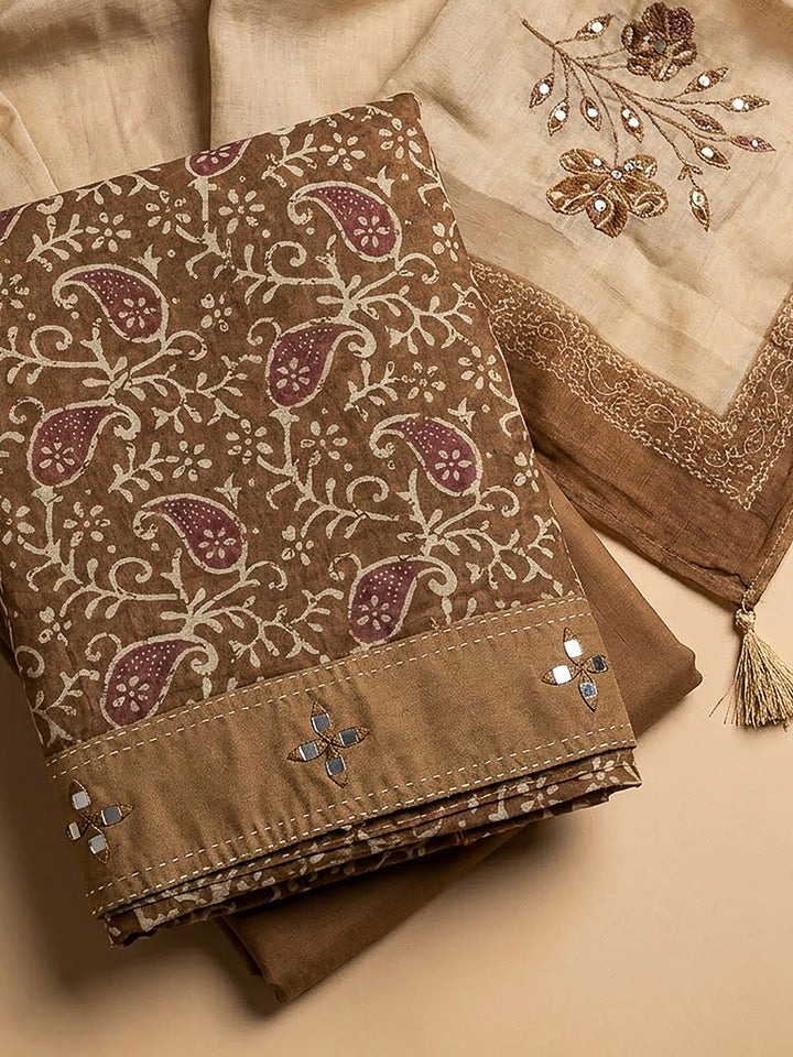 Brown Chanderi Printed Unstitched Dress Material