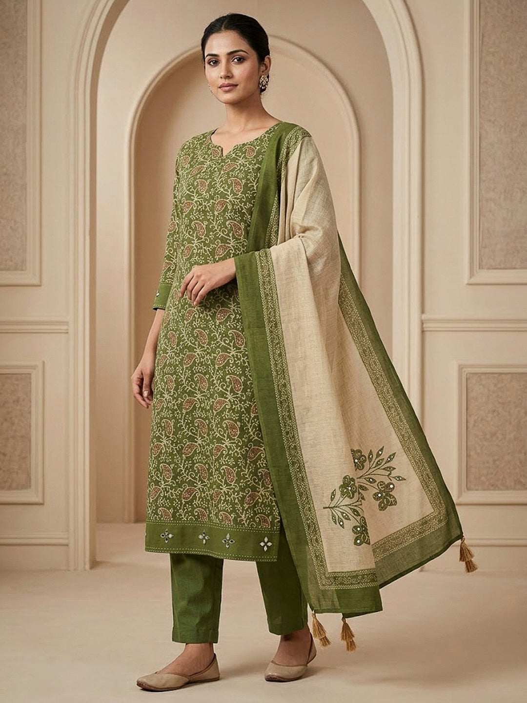 Mehndi Chanderi Printed Unstitched Dress Material