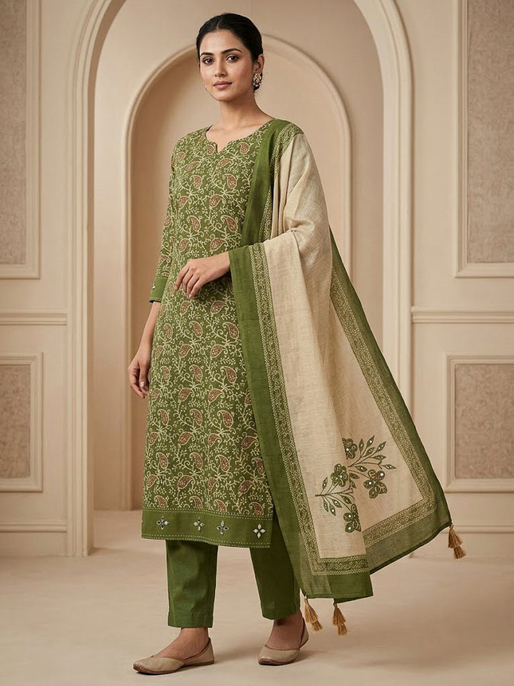 Mehndi Chanderi Printed Unstitched Dress Material