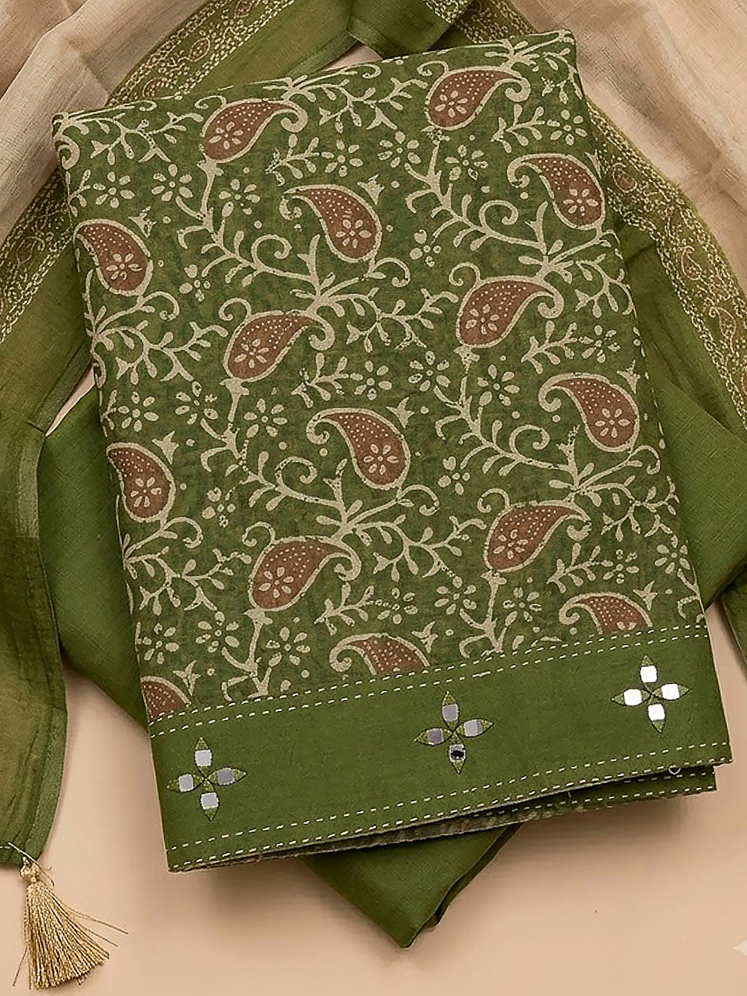 Mehndi Chanderi Printed Unstitched Dress Material