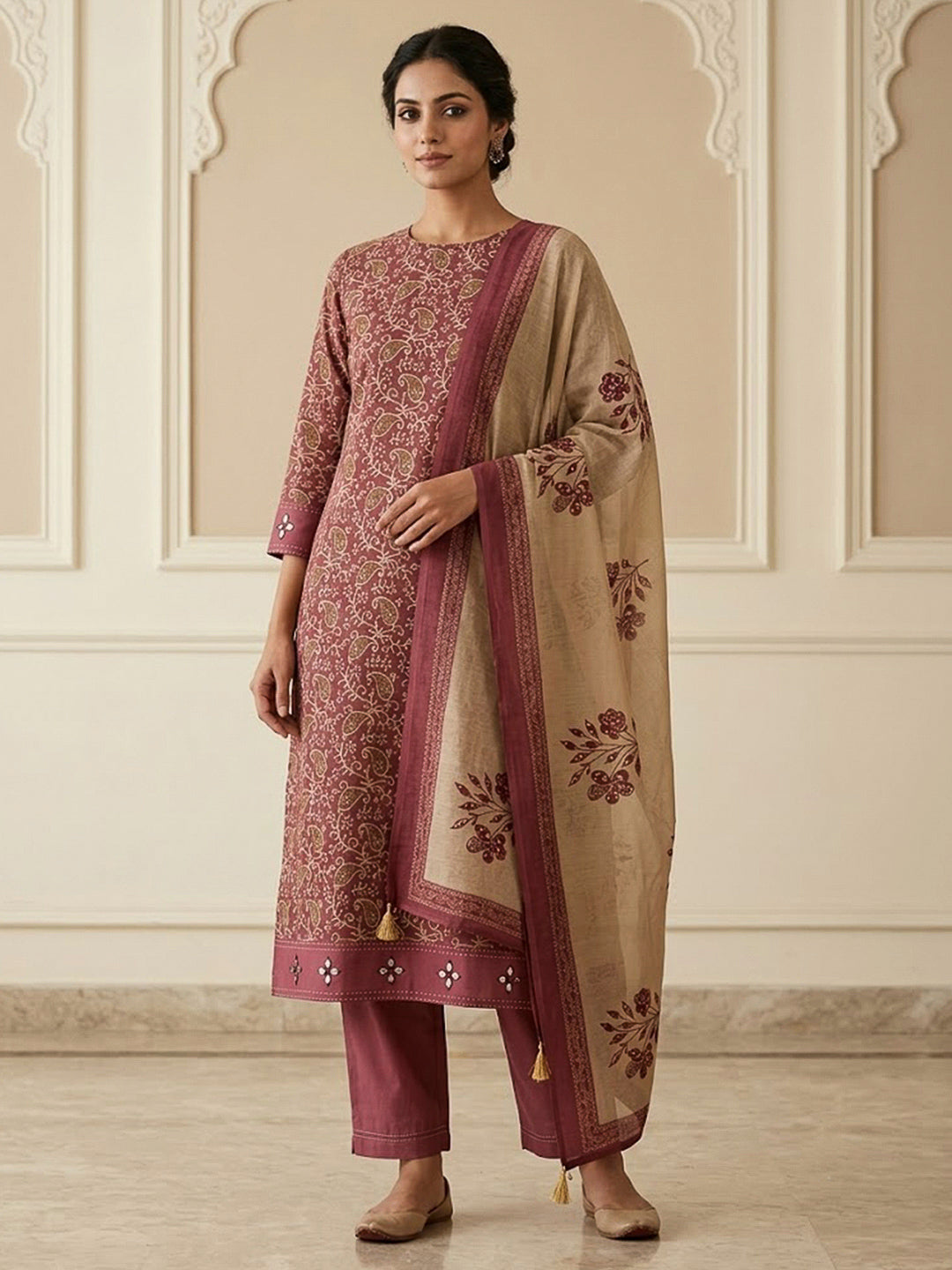 Onion Pink Chanderi Printed Unstitched Dress Material