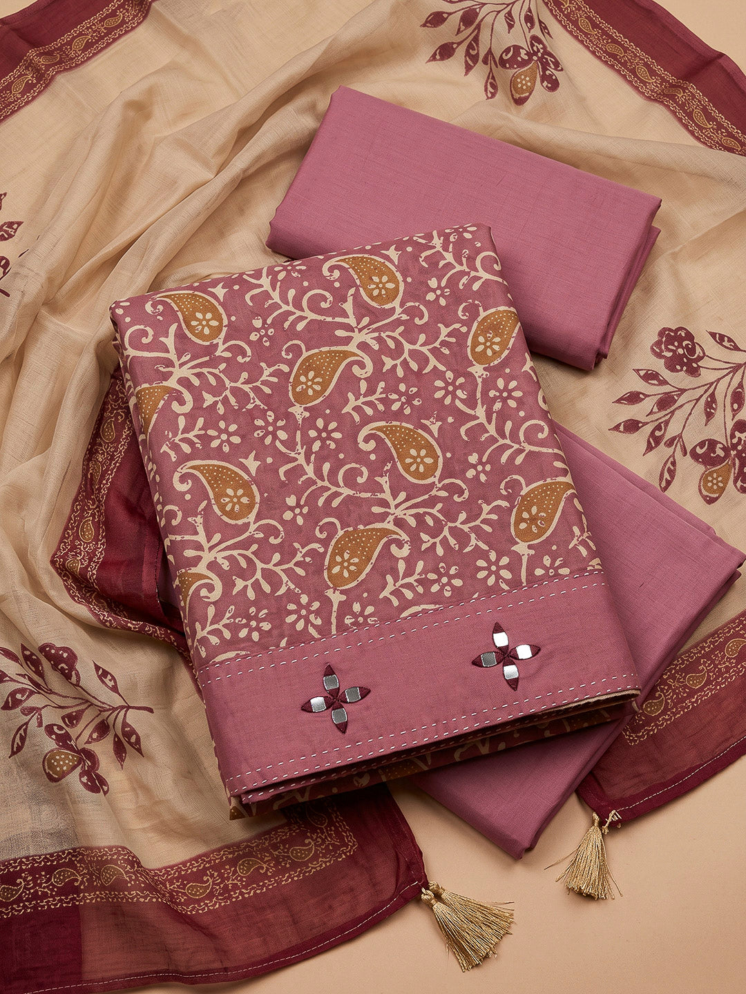 Onion Pink Chanderi Printed Unstitched Dress Material