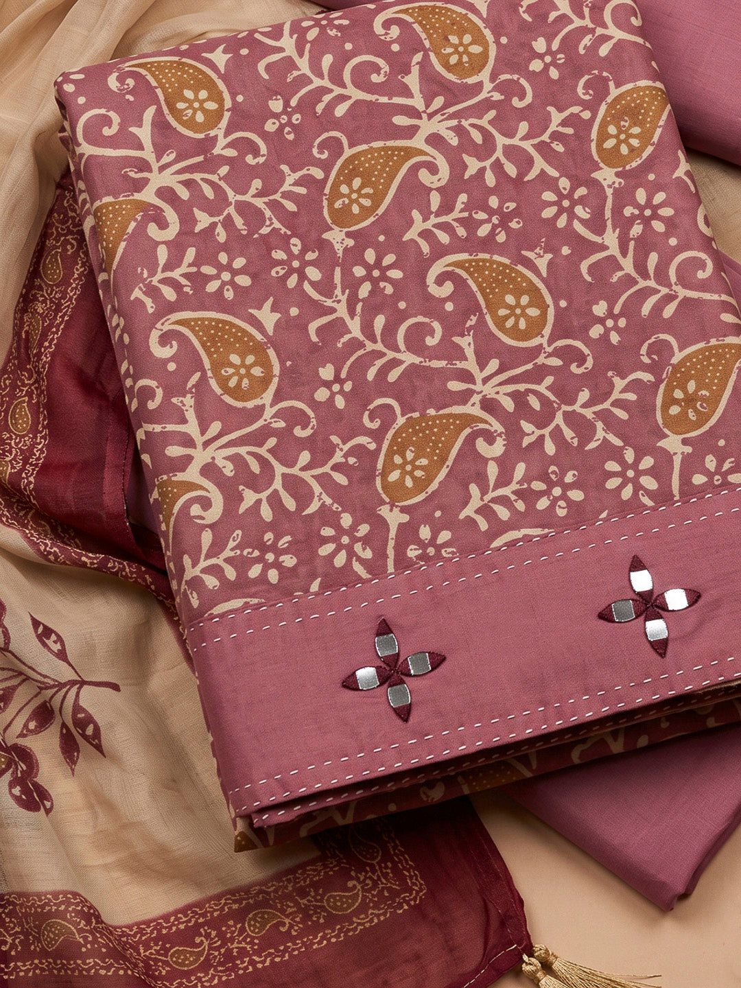 Onion Pink Chanderi Printed Unstitched Dress Material