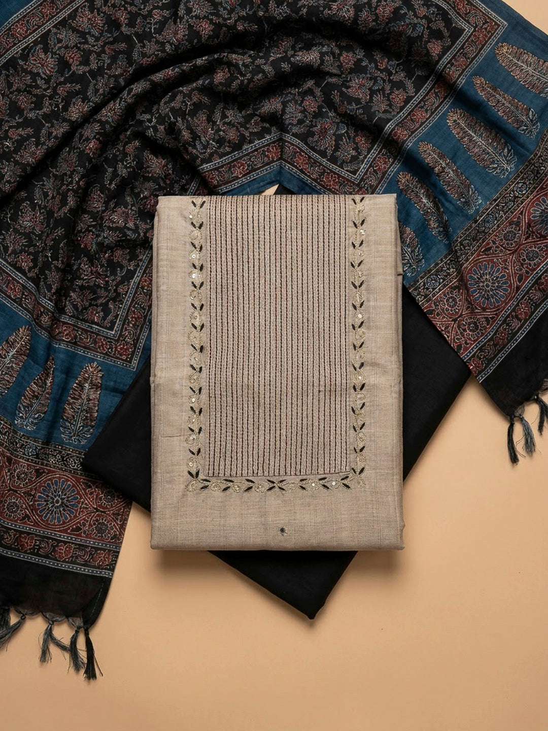 Off White Art Silk Embroidered Unstitched Dress Material