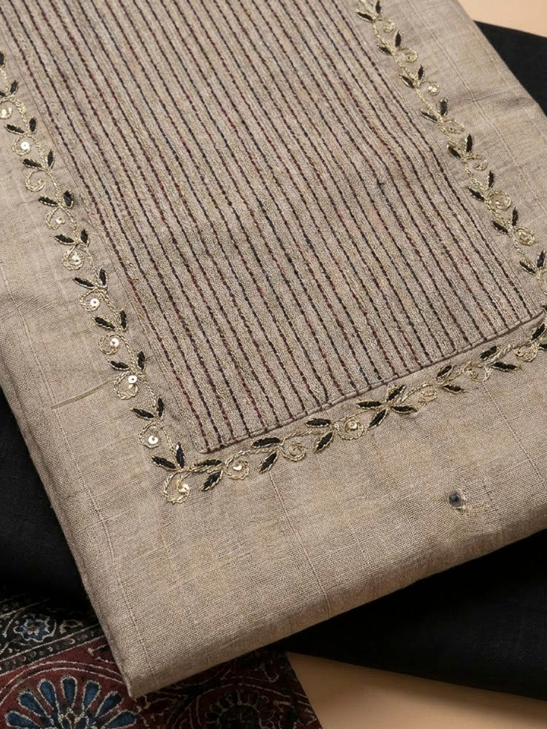 Off White Art Silk Embroidered Unstitched Dress Material