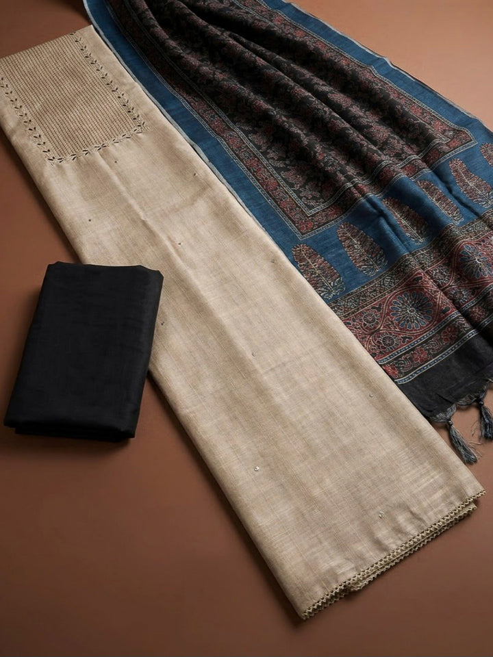 Off White Art Silk Embroidered Unstitched Dress Material