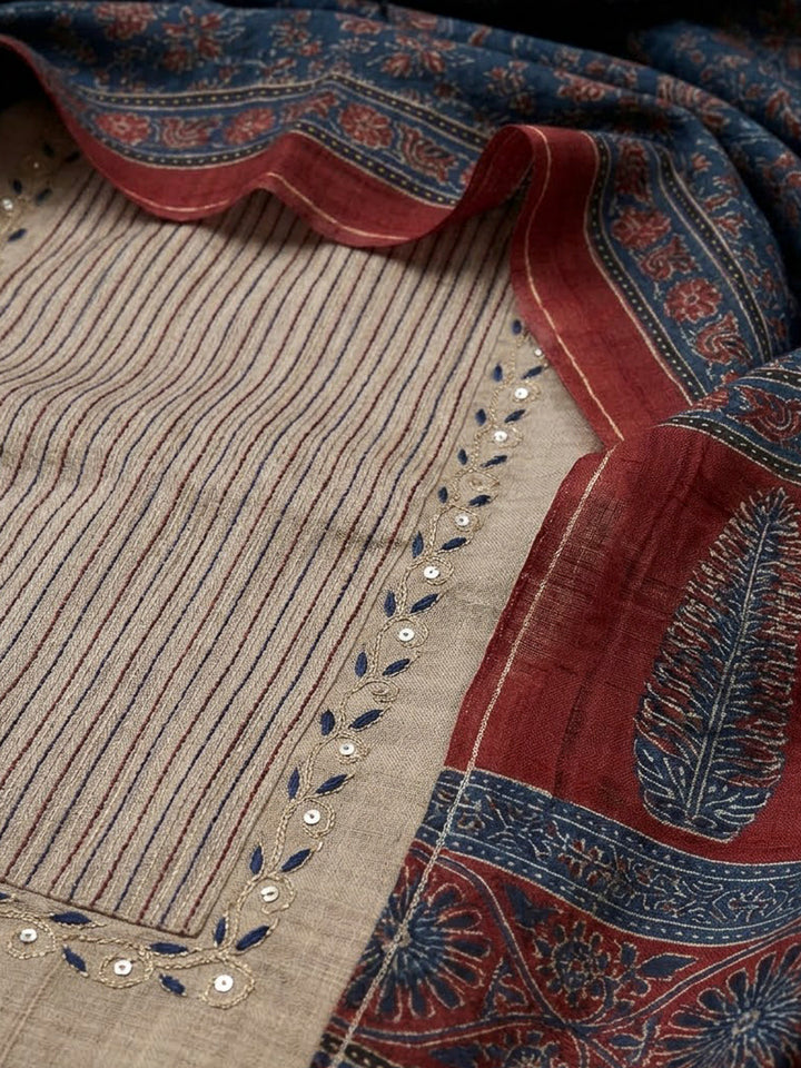 Off White Art Silk Embroidered Unstitched Dress Material