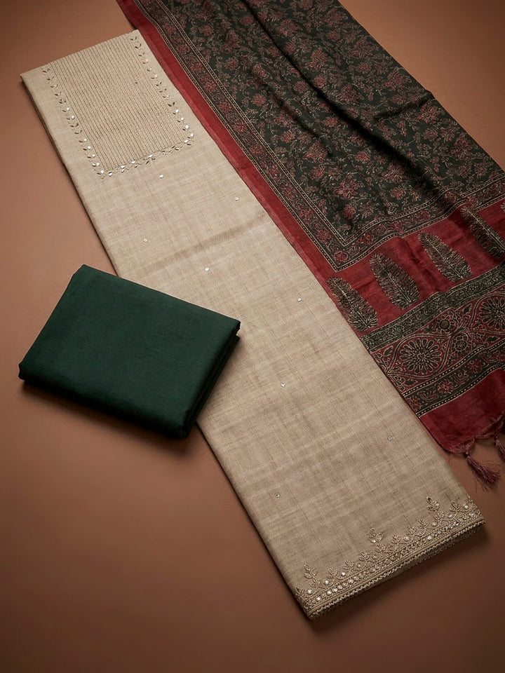 Off White Art Silk Embroidered Unstitched Dress Material