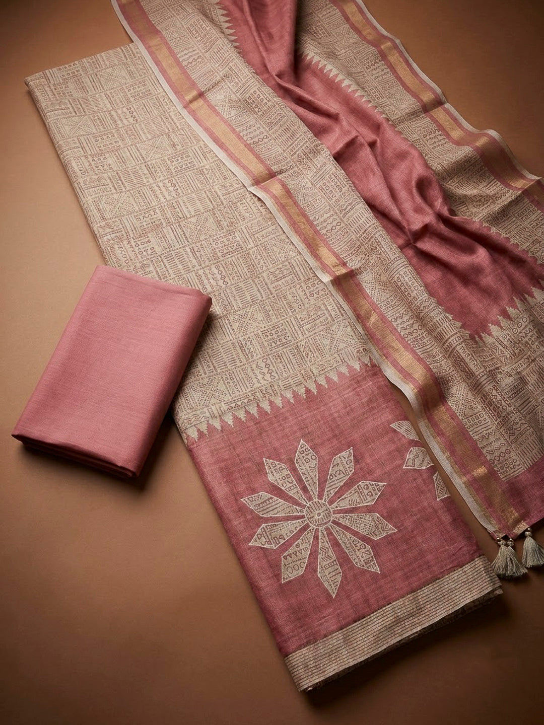 Onion Pink Art Silk Printed Unstitched Dress Material