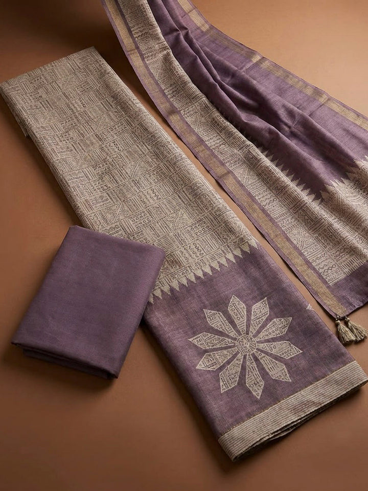 Purple Art Silk Printed Unstitched Dress Material