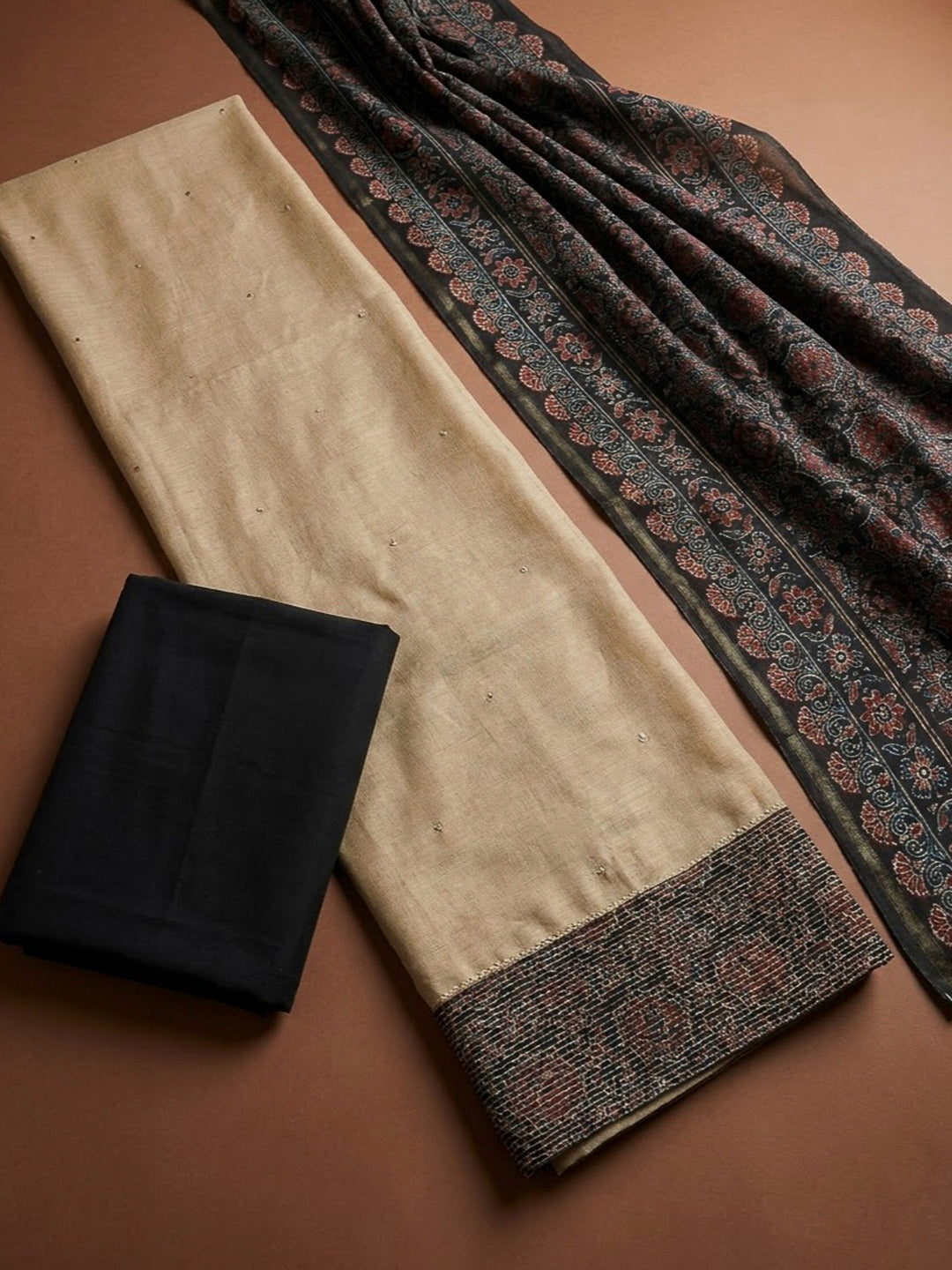 Black Chanderi Printed Unstitched Dress Material