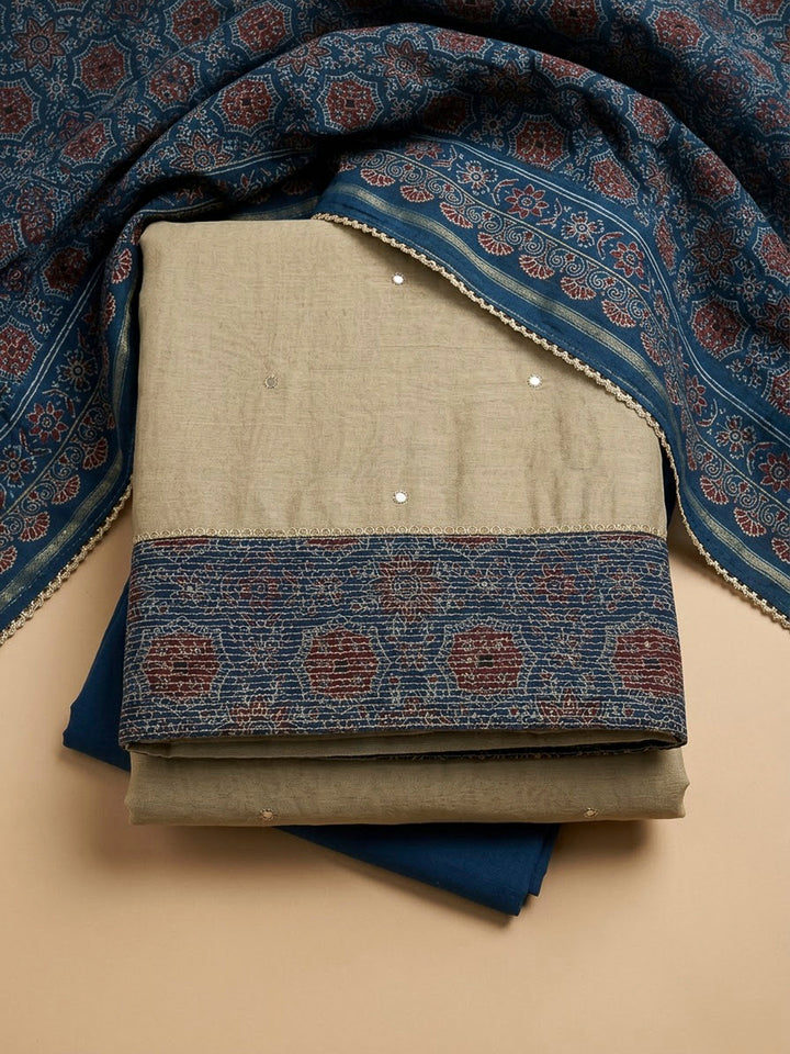 Blue Chanderi Printed Unstitched Dress Material