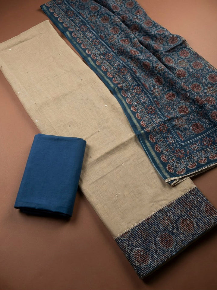 Blue Chanderi Printed Unstitched Dress Material