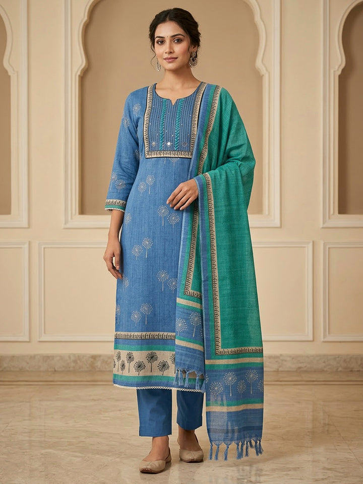 Blue Tussar Embroidered Unstitched Dress Material