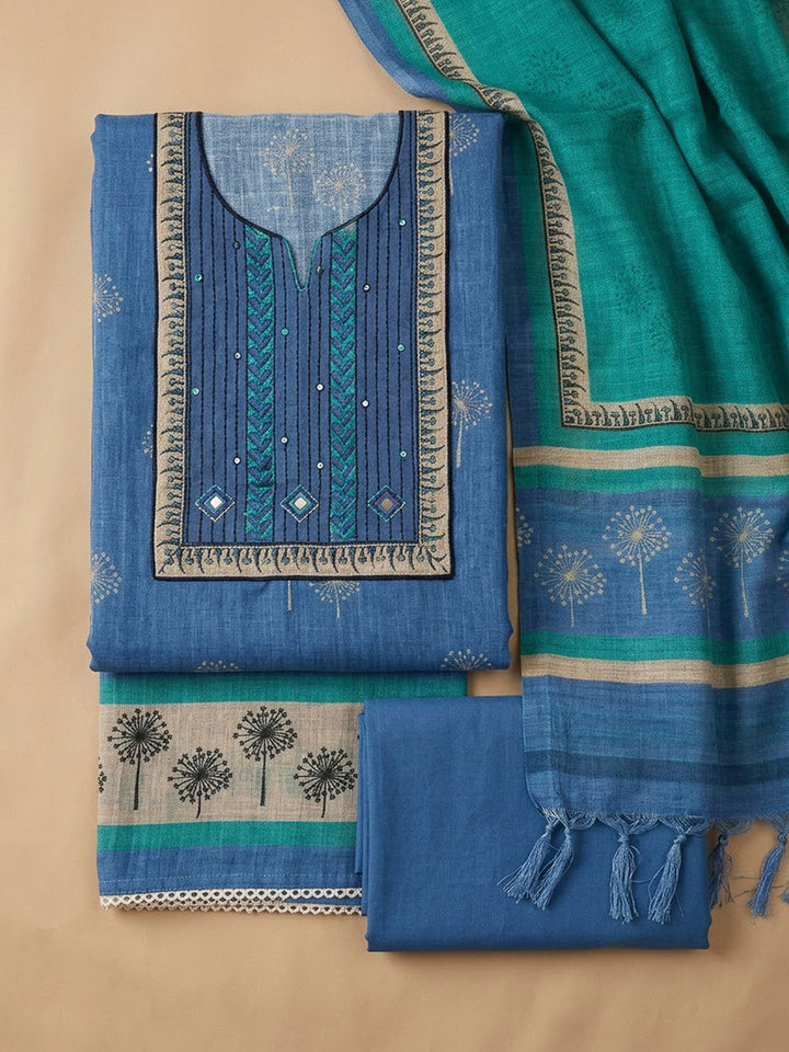 Blue Tussar Embroidered Unstitched Dress Material