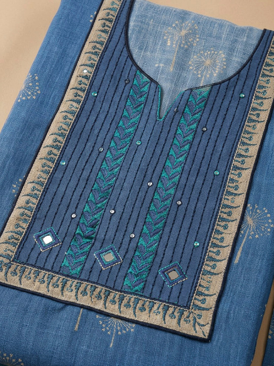 Blue Tussar Embroidered Unstitched Dress Material