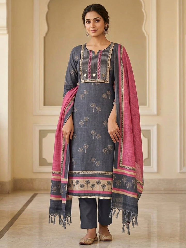 Grey Tussar Embroidered Unstitched Dress Material