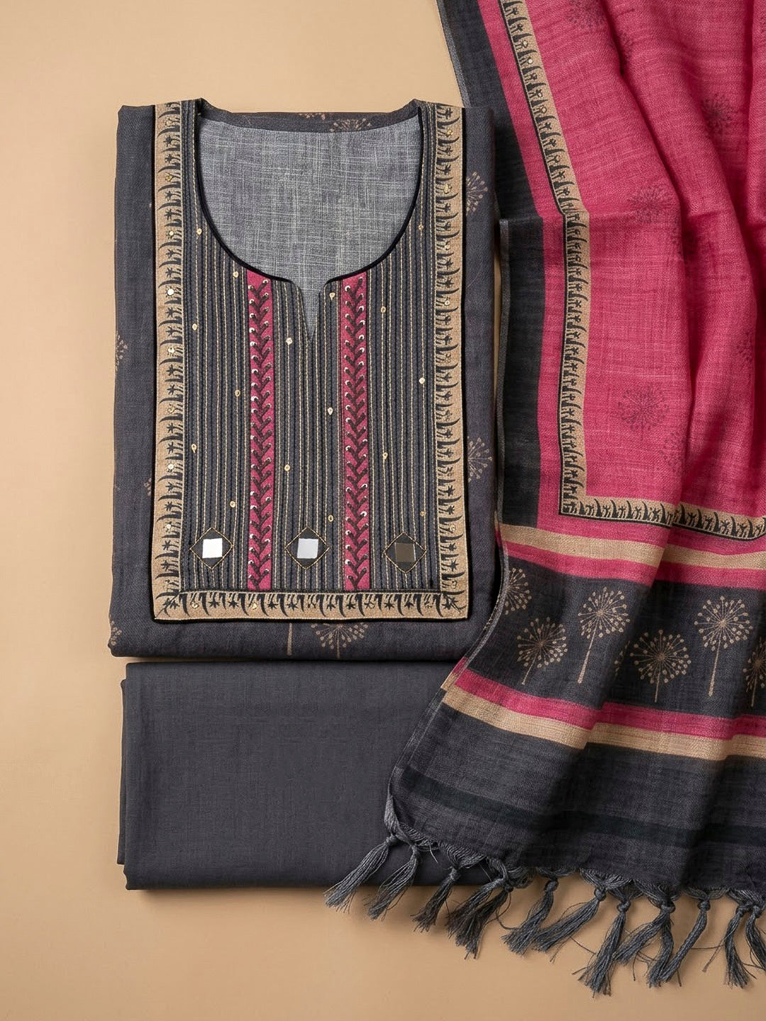Grey Tussar Embroidered Unstitched Dress Material
