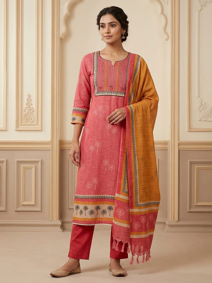 Peach Tussar Embroidered Unstitched Dress Material