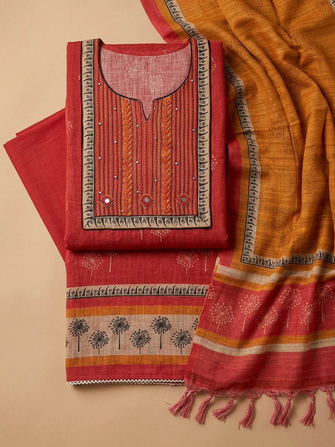 Peach Tussar Embroidered Unstitched Dress Material