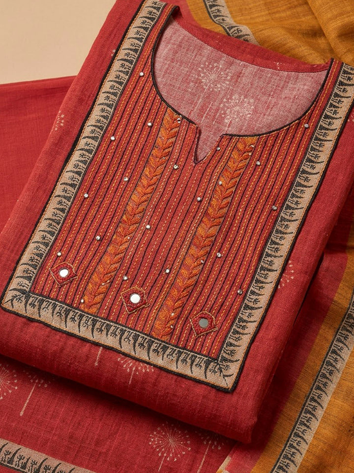 Peach Tussar Embroidered Unstitched Dress Material
