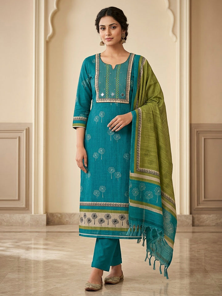 Rama Green Tussar Embroidered Unstitched Dress Material