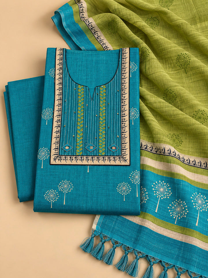 Rama Green Tussar Embroidered Unstitched Dress Material