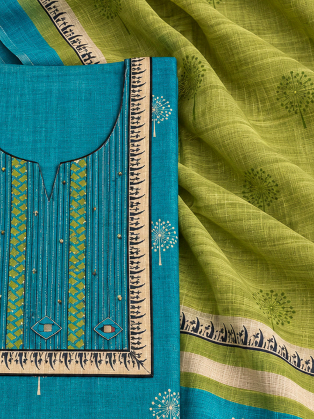 Rama Green Tussar Embroidered Unstitched Dress Material