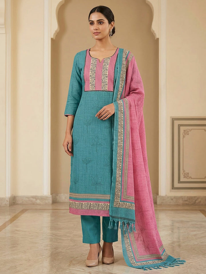 Blue Chanderi Embroidered Unstitched Dress Material