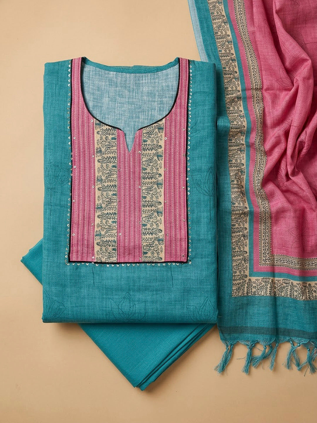 Blue Chanderi Embroidered Unstitched Dress Material