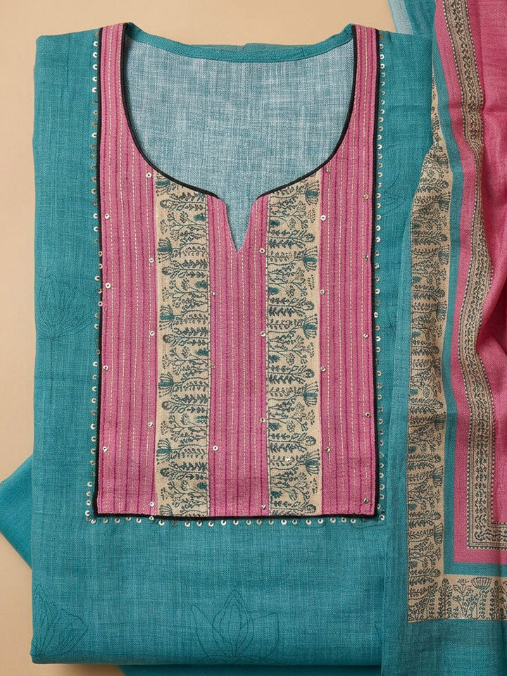 Blue Chanderi Embroidered Unstitched Dress Material