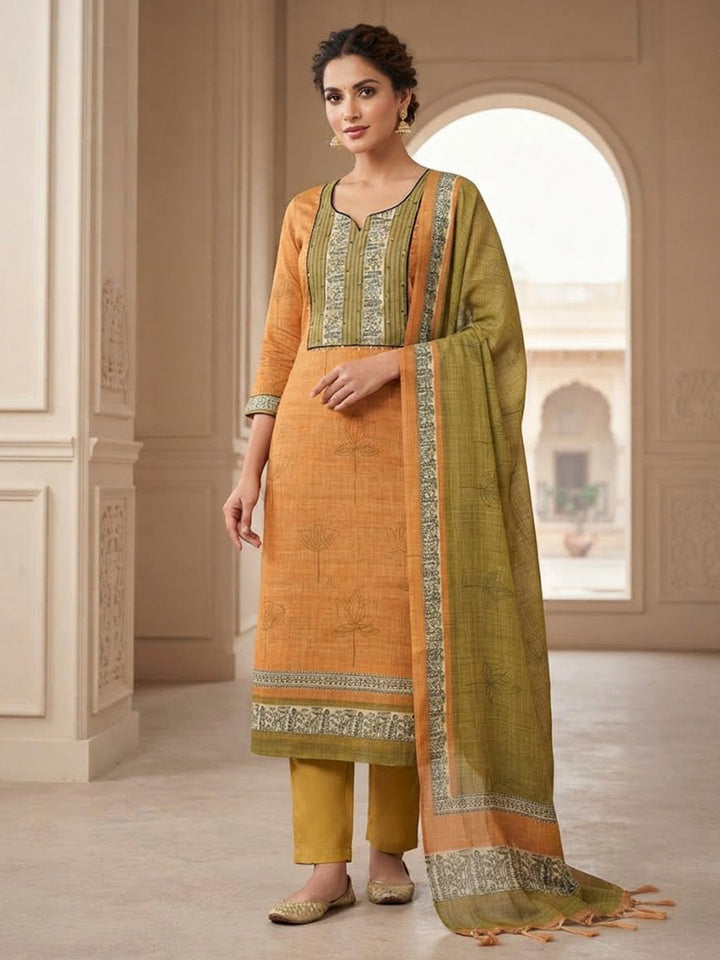 Mustard Chanderi Embroidered Unstitched Dress Material