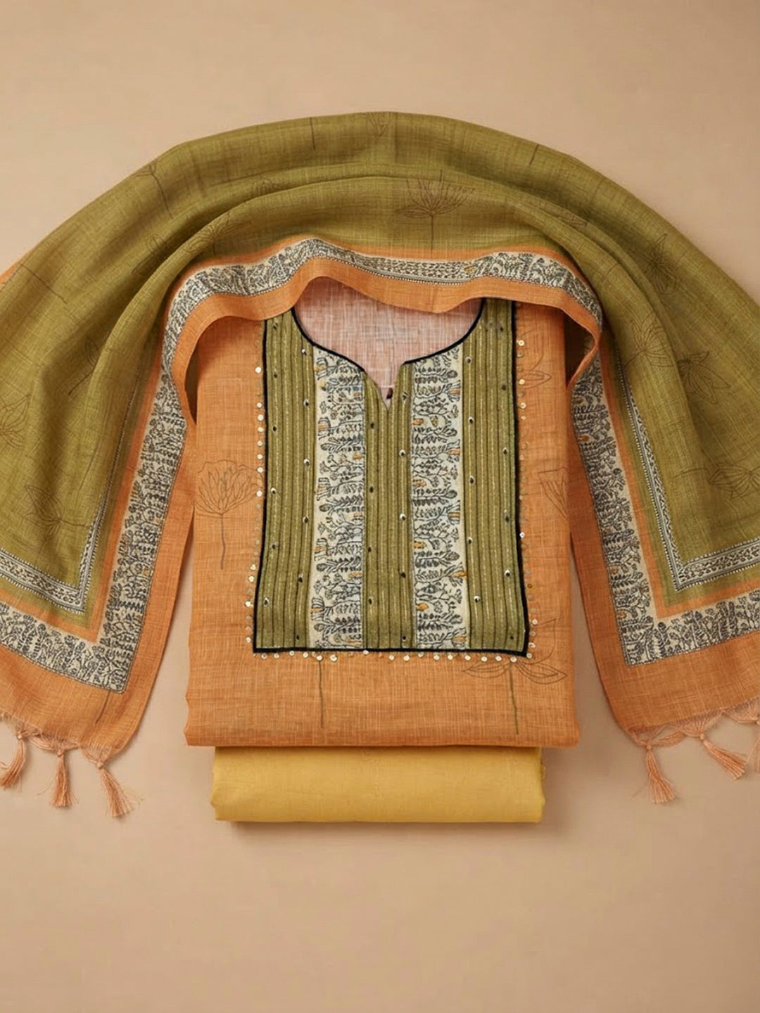 Mustard Chanderi Embroidered Unstitched Dress Material