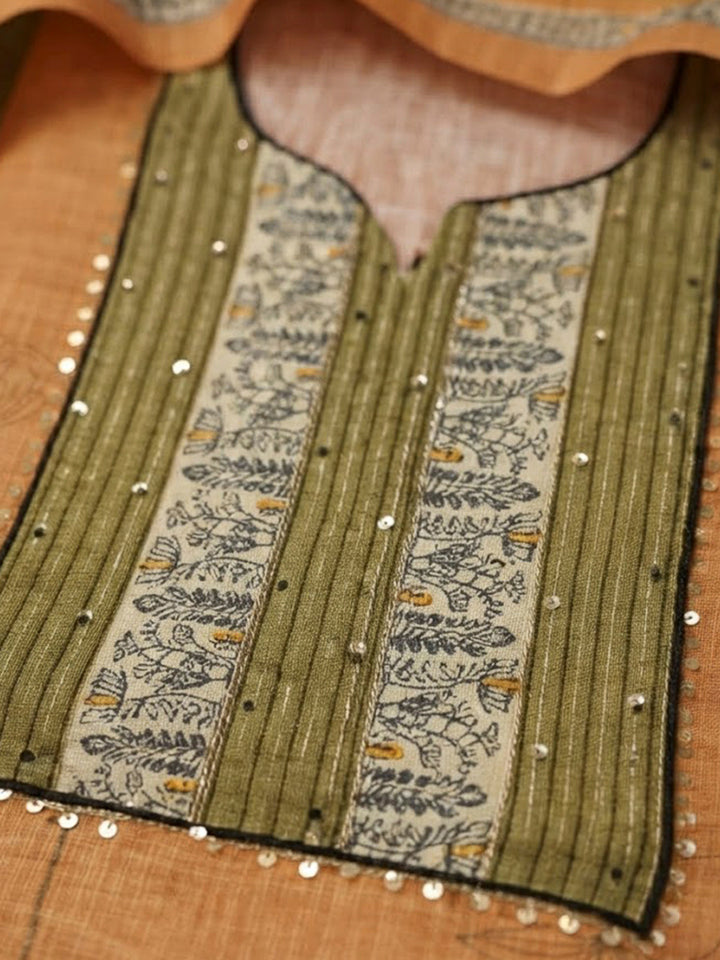 Mustard Chanderi Embroidered Unstitched Dress Material